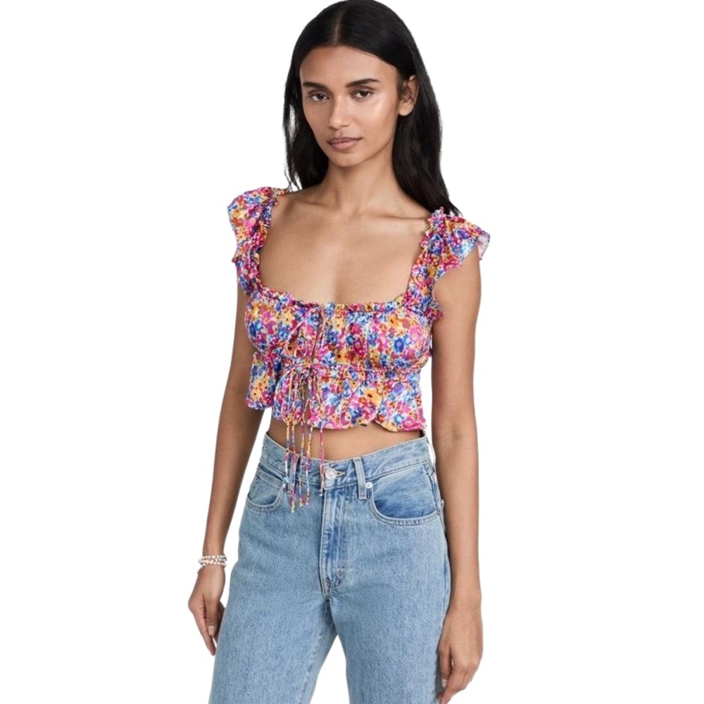 For Love & Lemons Womens Floral Ruffled Tie Front Cottage Core Boho Crop Top L